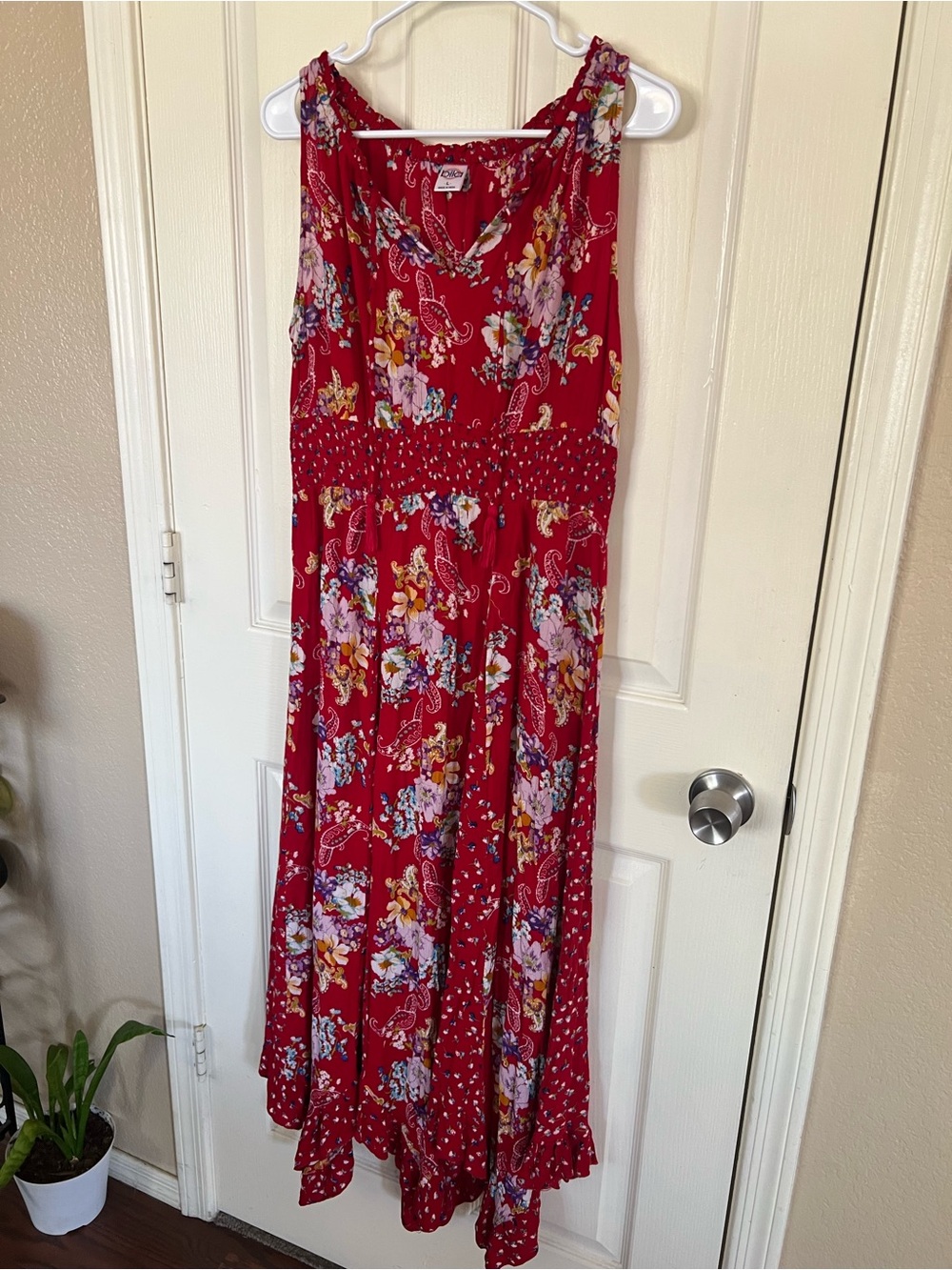 Bila Red Floral Paisley Smocked Waist Boho Maxi Dress L - Picture 7 of 14